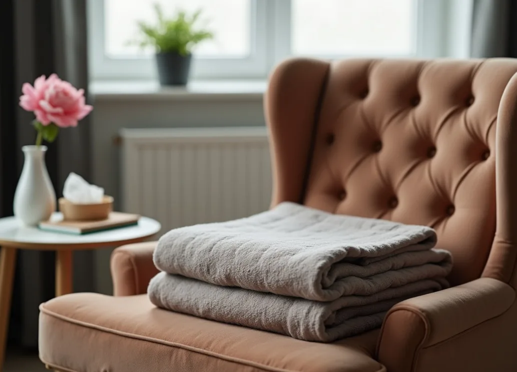 Close-up of a calm indoor session setting with a weighted blanket