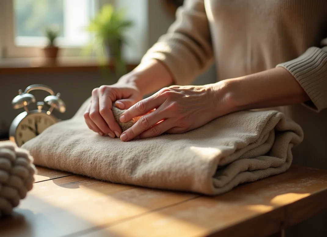 Hands folding a soft oatmeal colored wool weighted blanket in the atelier